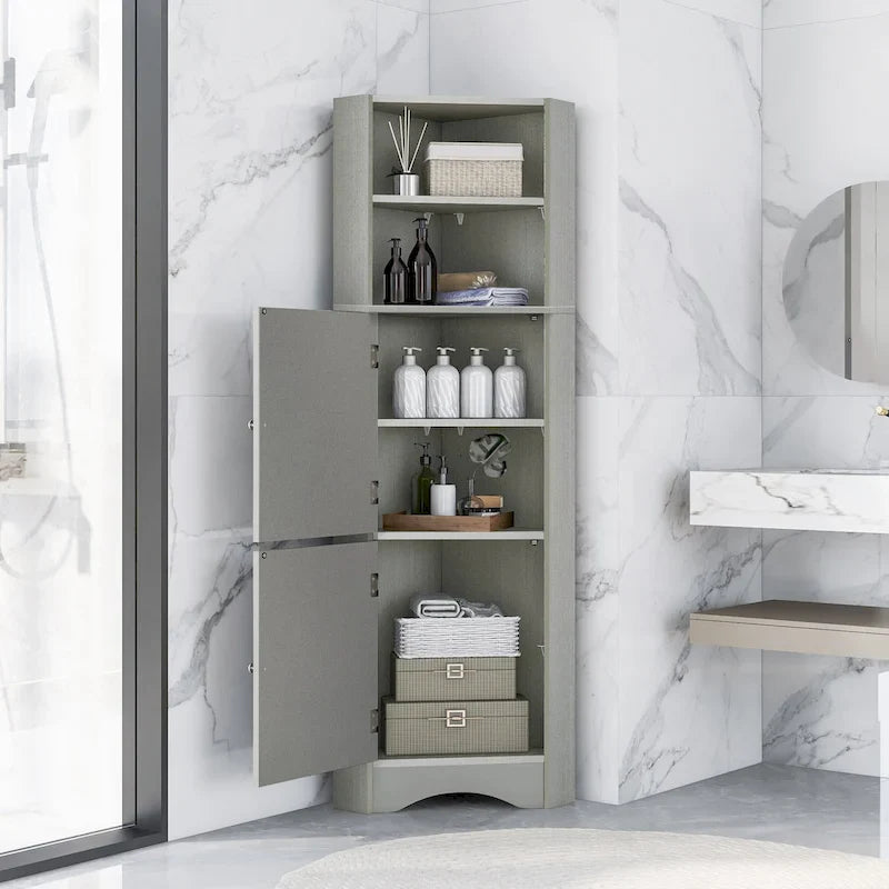 Meuble d'angle haut pour salle de bain, meuble de rangement autoportant avec portes et étagères réglables, panneau MDF