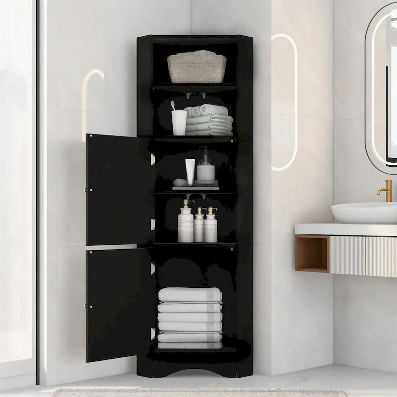Meuble d'angle haut pour salle de bain, meuble de rangement autoportant avec portes et étagères réglables, panneau MDF
