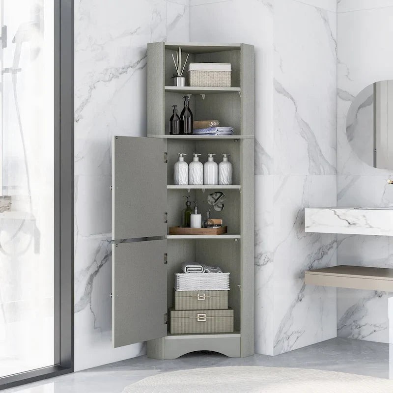 Meuble d'angle haut pour salle de bain, meuble de rangement autoportant avec portes et étagères réglables, panneau MDF