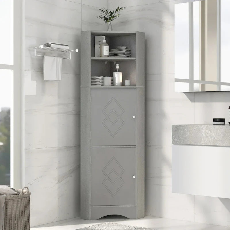 Meuble d'angle haut pour salle de bain, meuble de rangement autoportant avec portes et étagères réglables, panneau MDF