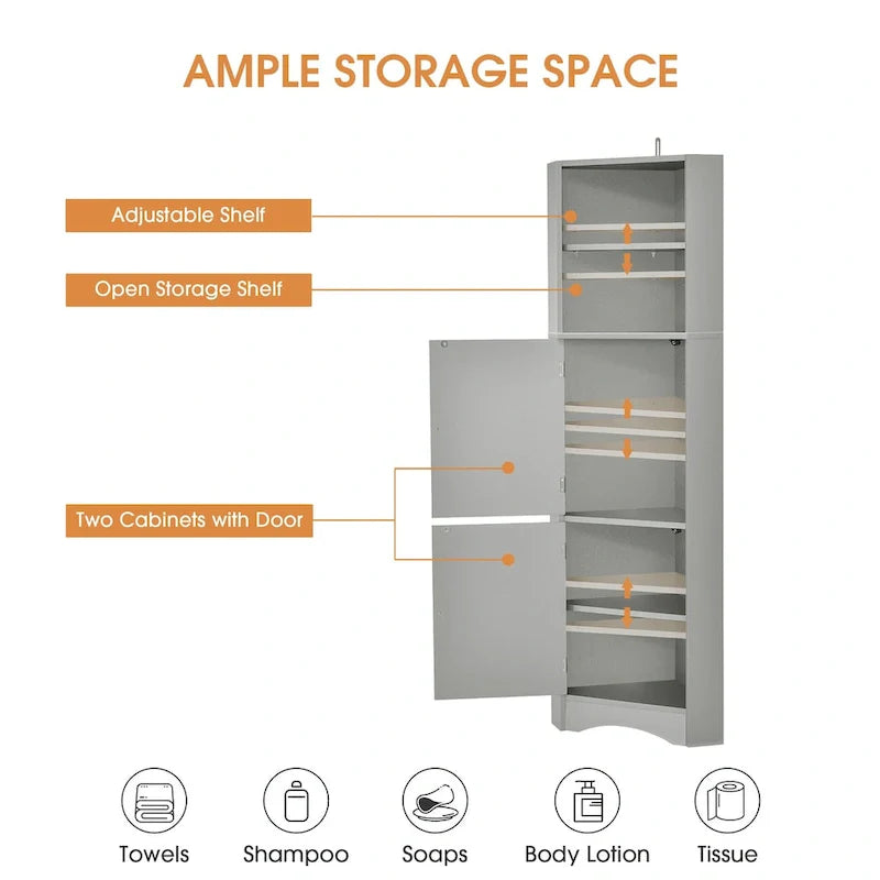 Meuble d'angle haut pour salle de bain, meuble de rangement autoportant avec portes et étagères réglables, panneau MDF