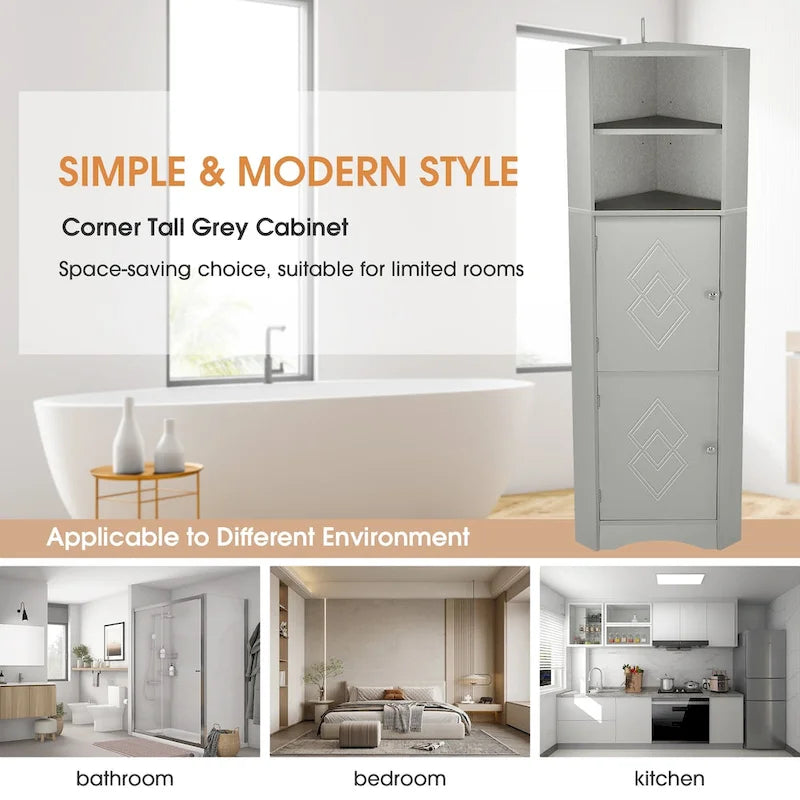 Meuble d'angle haut pour salle de bain, meuble de rangement autoportant avec portes et étagères réglables, panneau MDF