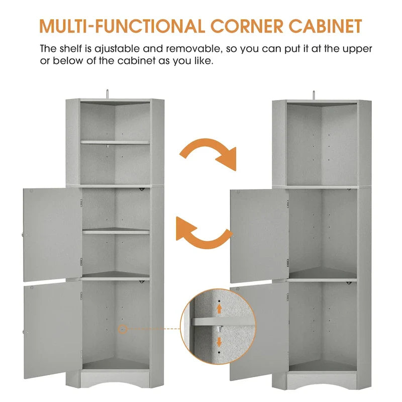 Meuble d'angle haut pour salle de bain, meuble de rangement autoportant avec portes et étagères réglables, panneau MDF