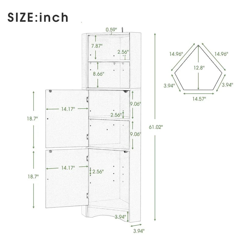 Meuble d'angle haut pour salle de bain, meuble de rangement autoportant avec portes et étagères réglables, panneau MDF