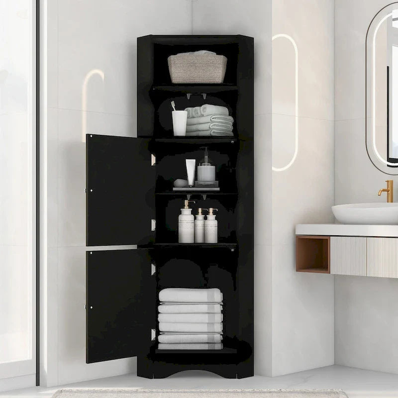 Meuble d'angle haut pour salle de bain, meuble de rangement autoportant avec portes et étagères réglables, panneau MDF