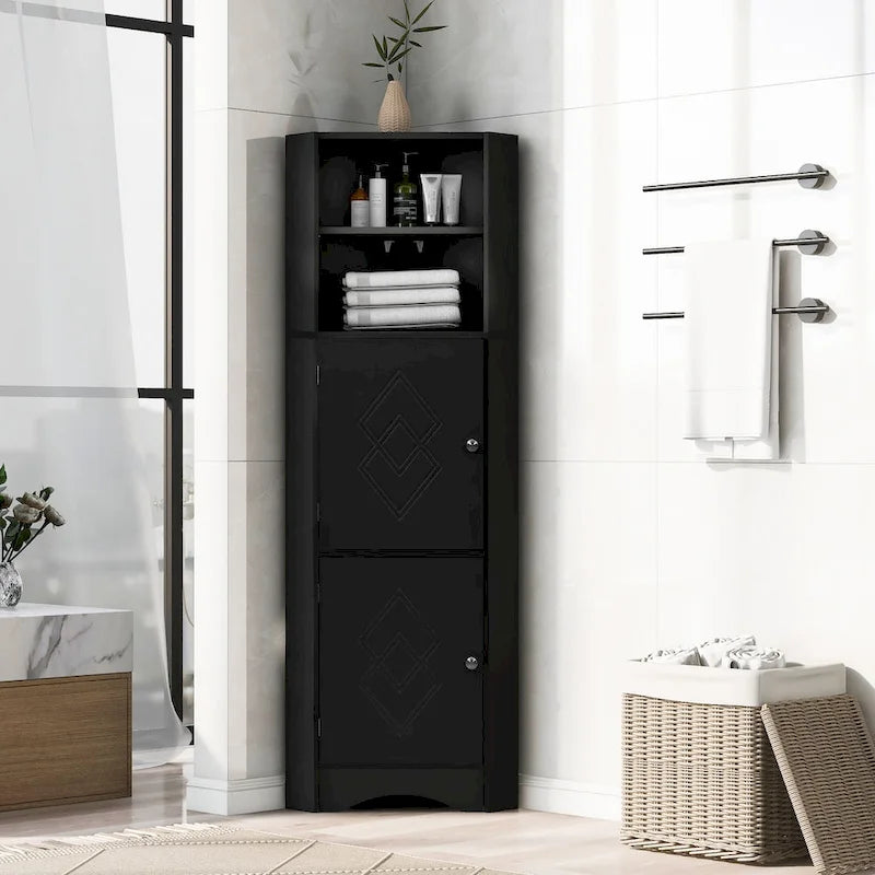 Meuble d'angle haut pour salle de bain, meuble de rangement autoportant avec portes et étagères réglables, panneau MDF