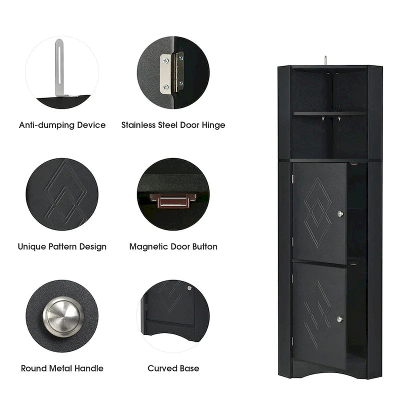 Meuble d'angle haut pour salle de bain, meuble de rangement autoportant avec portes et étagères réglables, panneau MDF