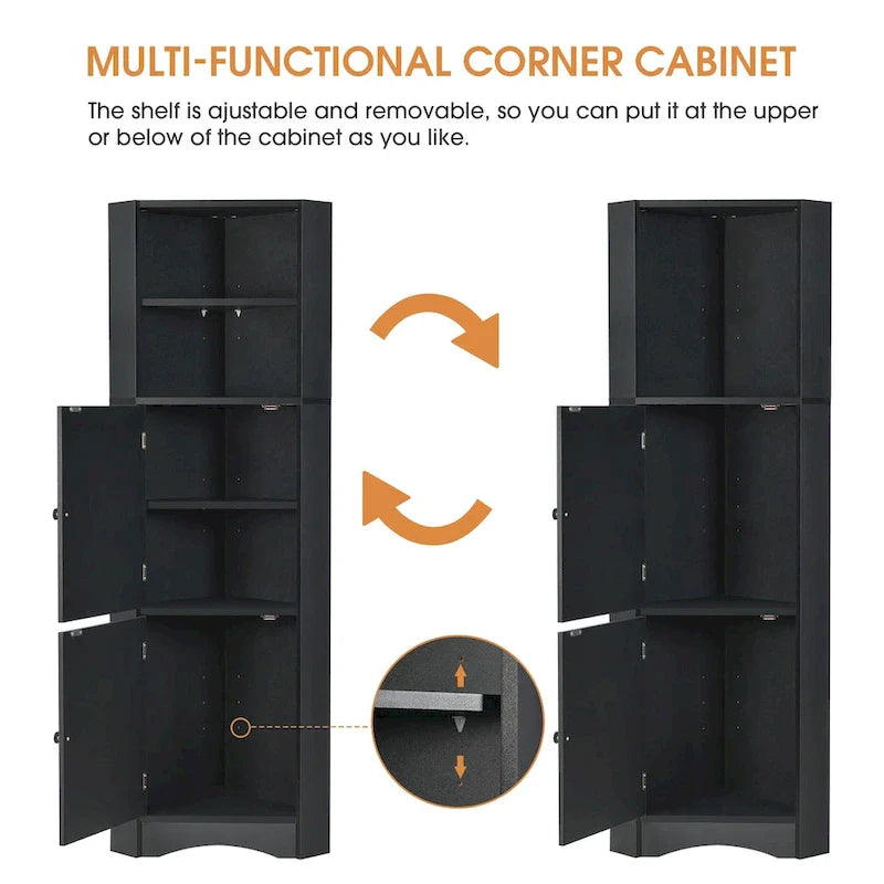 Meuble d'angle haut pour salle de bain, meuble de rangement autoportant avec portes et étagères réglables, panneau MDF