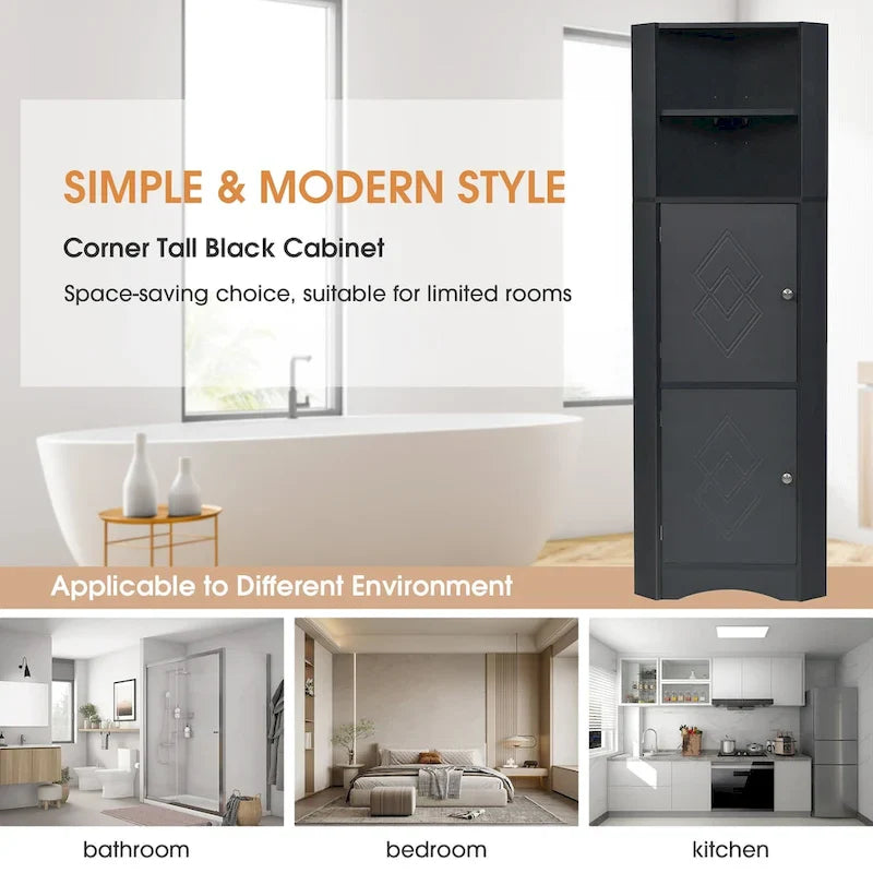 Meuble d'angle haut pour salle de bain, meuble de rangement autoportant avec portes et étagères réglables, panneau MDF