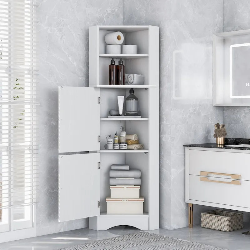 Meuble d'angle haut pour salle de bain, meuble de rangement autoportant avec portes et étagères réglables, panneau MDF