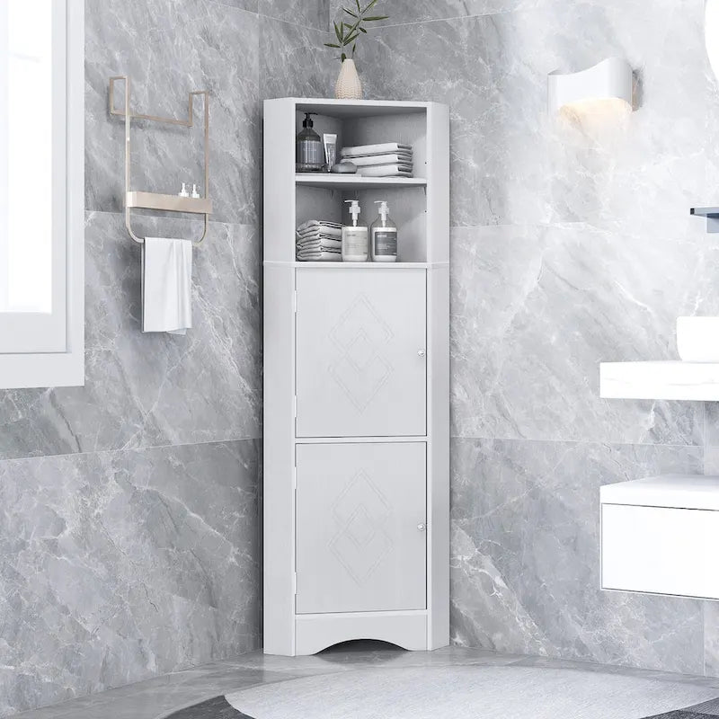 Meuble d'angle haut pour salle de bain, meuble de rangement autoportant avec portes et étagères réglables, panneau MDF