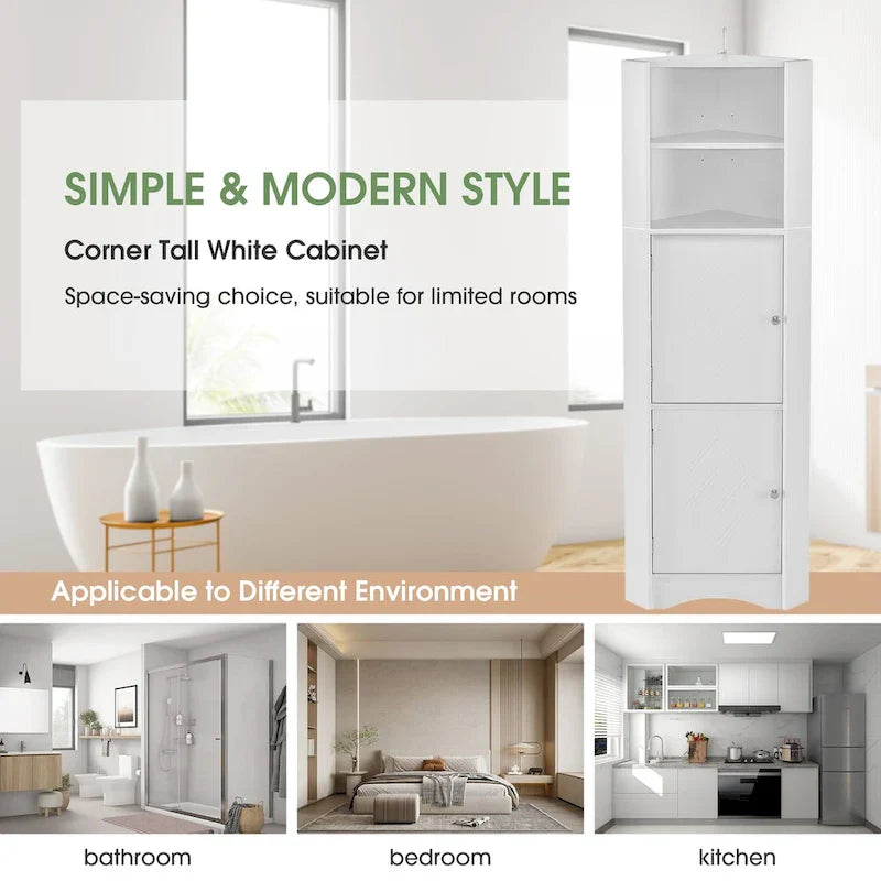 Meuble d'angle haut pour salle de bain, meuble de rangement autoportant avec portes et étagères réglables, panneau MDF