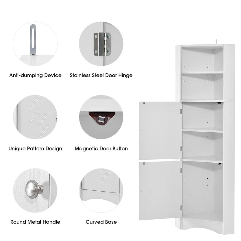 Meuble d'angle haut pour salle de bain, meuble de rangement autoportant avec portes et étagères réglables, panneau MDF