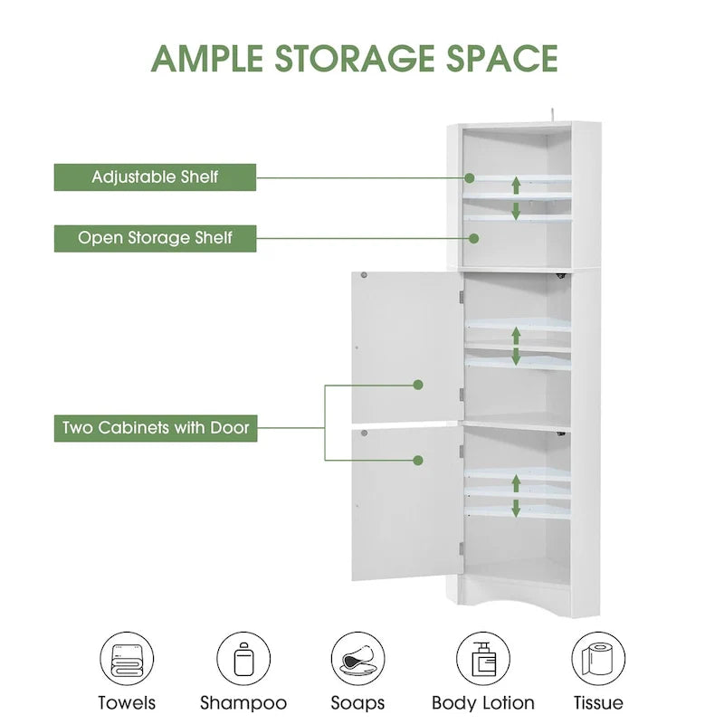 Meuble d'angle haut pour salle de bain, meuble de rangement autoportant avec portes et étagères réglables, panneau MDF
