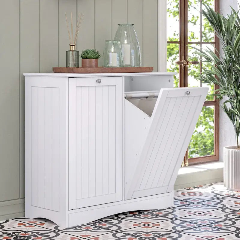 Meuble panier à linge double à abattant RiverRidge Ashland avec sacs de rangement en tissu amovibles - Blanc