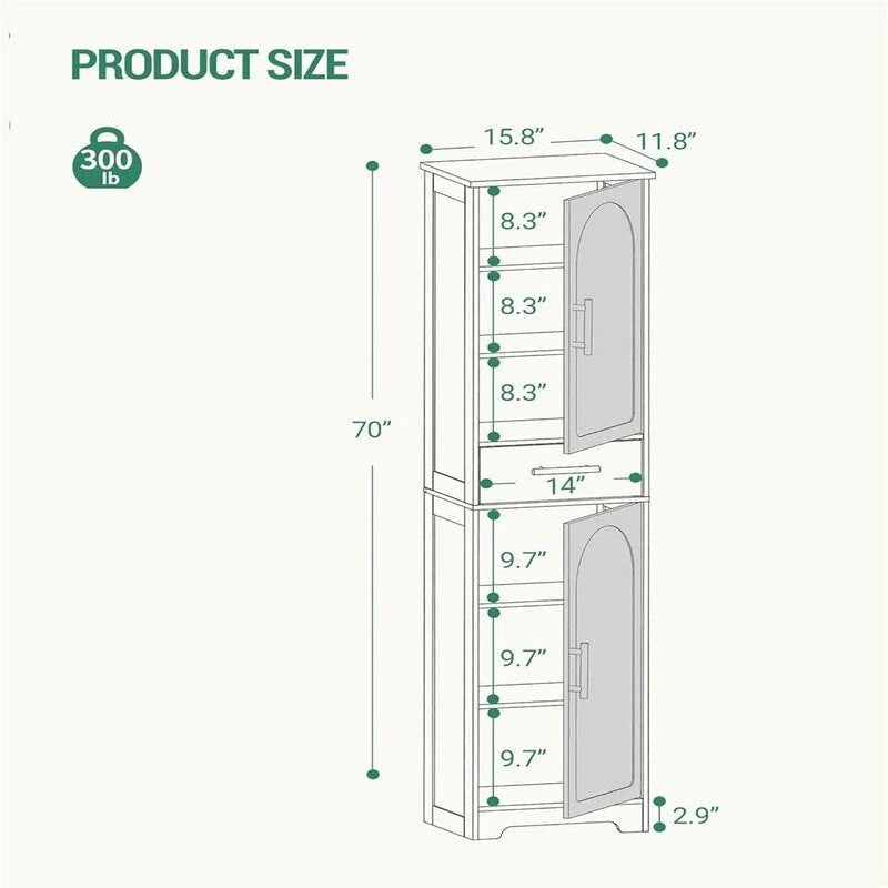 Armoire de rangement haute sur pied pour salle de bain avec 2 portes - 11,81 P x 15,75 l x 66,93 H