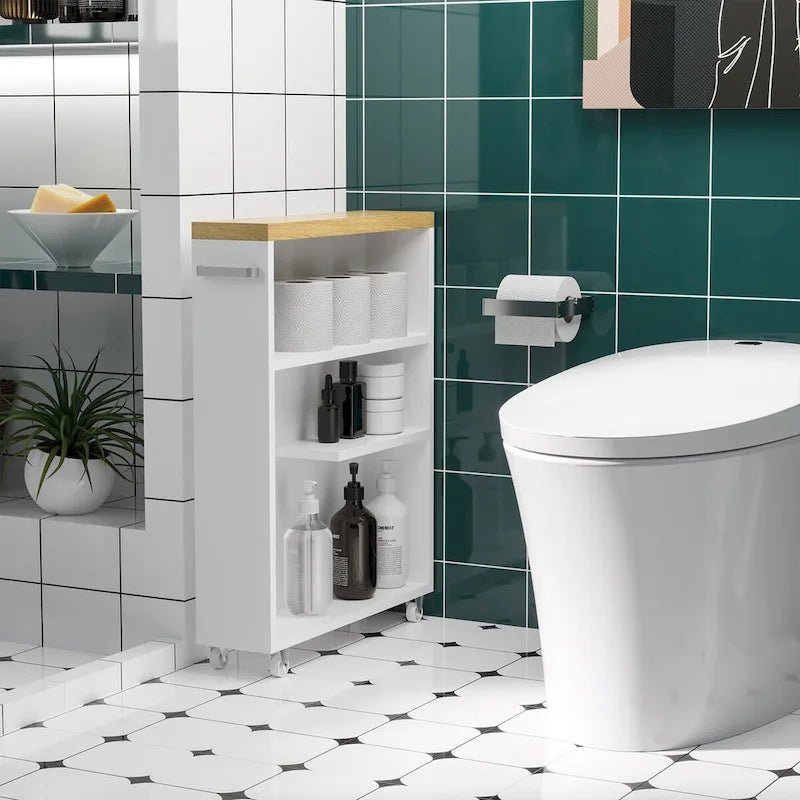 Meuble de salle de bain étroit à roulettes, organisateur de rangement, blanc