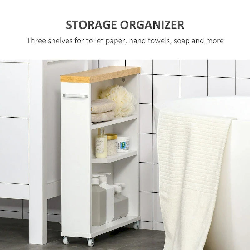 Meuble de salle de bain étroit à roulettes, organisateur de rangement, blanc