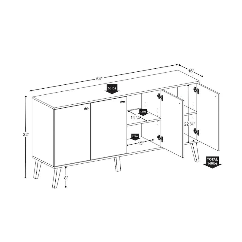 Buffet 4 portes Prepac Milo de style moderne du milieu du siècle - 64 L x 32 H x 16 P