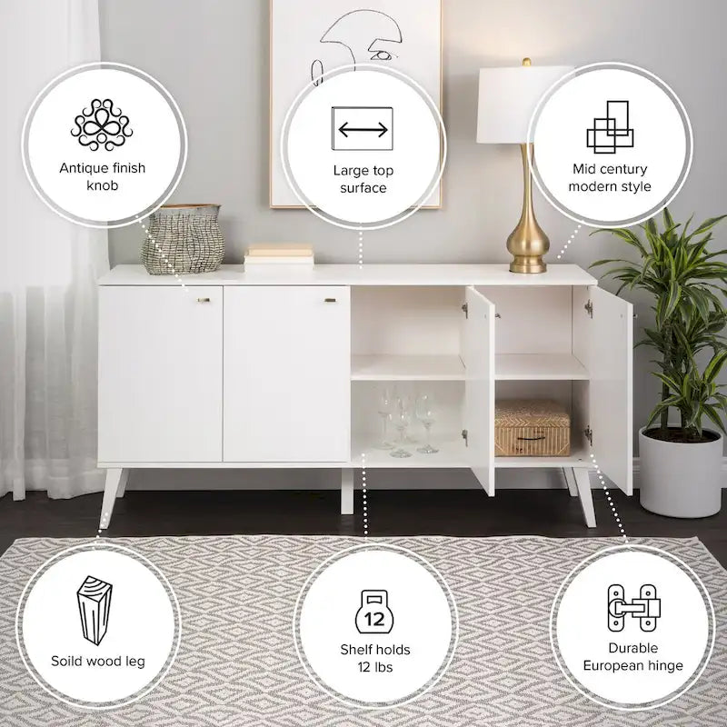 Buffet 4 portes Prepac Milo de style moderne du milieu du siècle - 64 L x 32 H x 16 P
