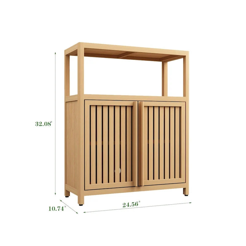 Meuble de rangement en bambou, meuble de salle de bain autoportant avec 2 portes à persiennes, meuble bas.