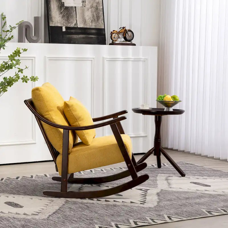 Fauteuil à bascule à accoudoirs en bois massif et lin
