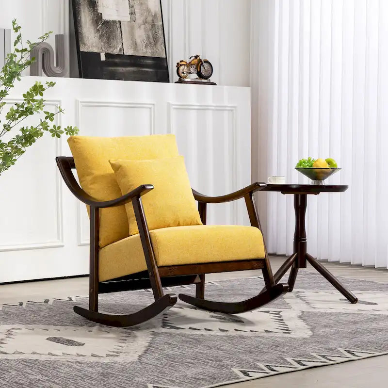 Fauteuil à bascule à accoudoirs en bois massif et lin