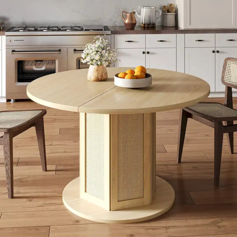 Table à manger ronde à pied de ferme Moasis pour 4 avec base circulaire en rotin