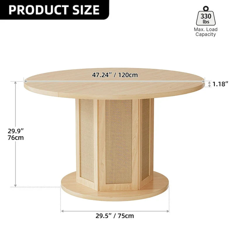 Table à manger ronde à pied de ferme Moasis pour 4 avec base circulaire en rotin