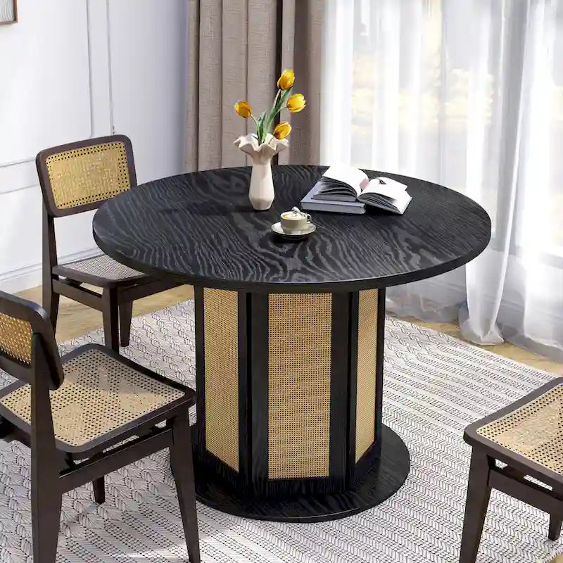 Table à manger ronde à pied de ferme Moasis pour 4 avec base circulaire en rotin