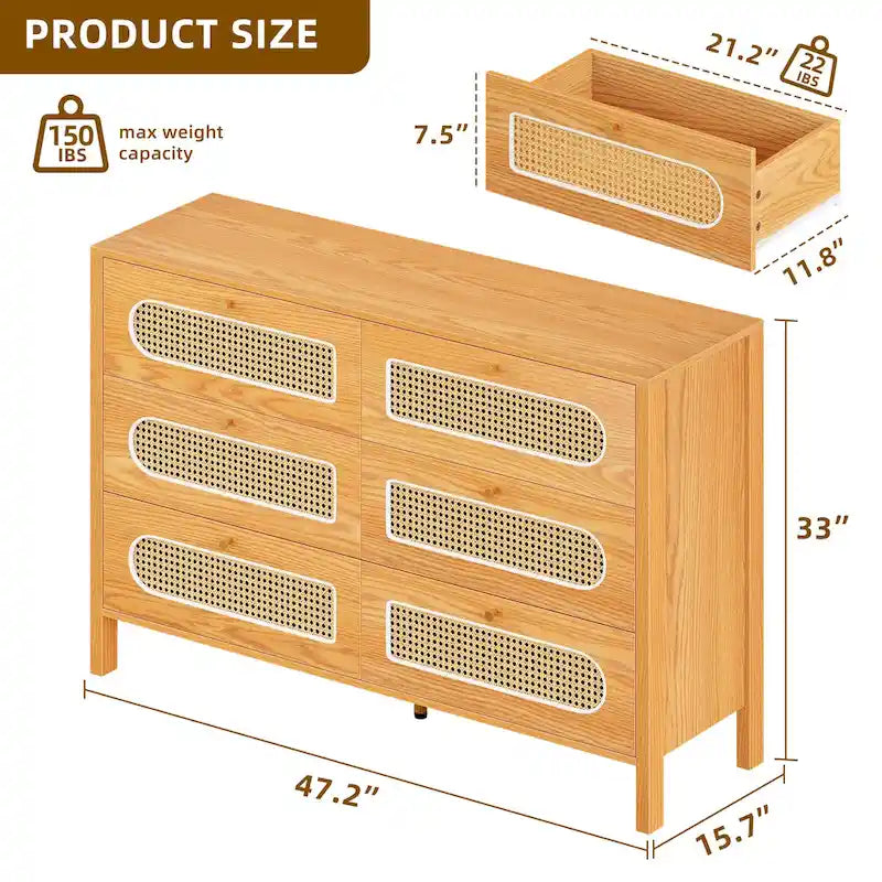 Commode double à 6 tiroirs en rotin Moasis avec meuble de rangement