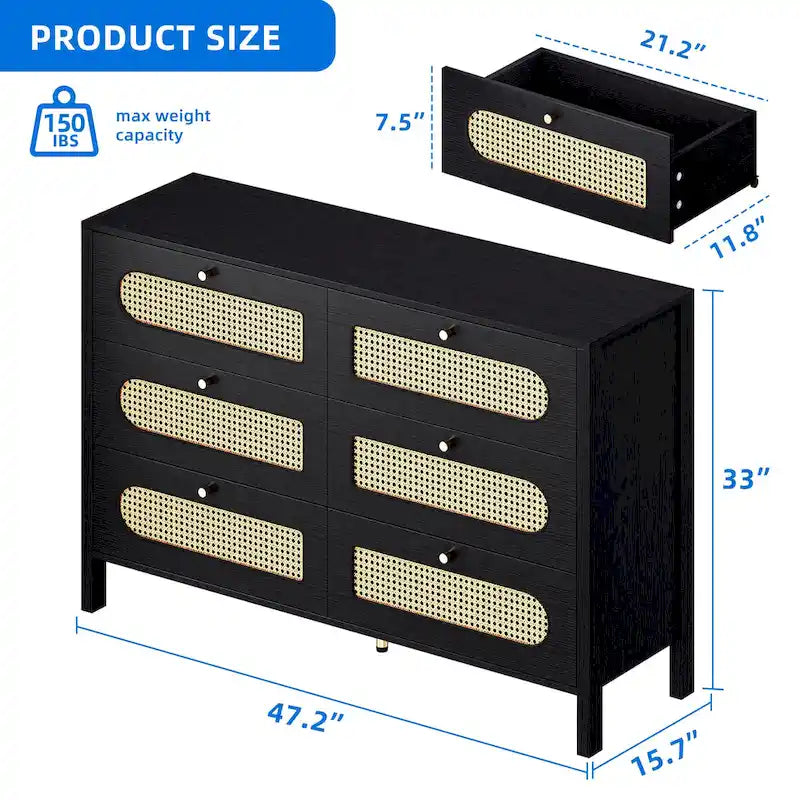 Commode double à 6 tiroirs en rotin Moasis avec meuble de rangement