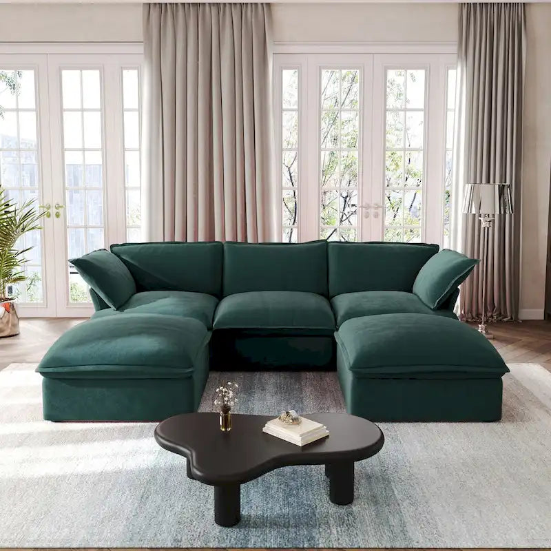 Canapé Sectionnel en Forme de U pour Salon, Canapé Sectionnel Convertible en Velours avec Poufs