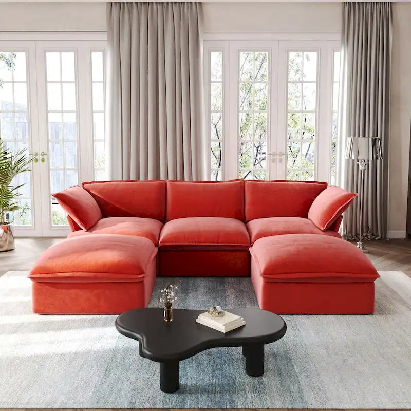 Canapé Sectionnel en Forme de U pour Salon, Canapé Sectionnel Convertible en Velours avec Poufs
