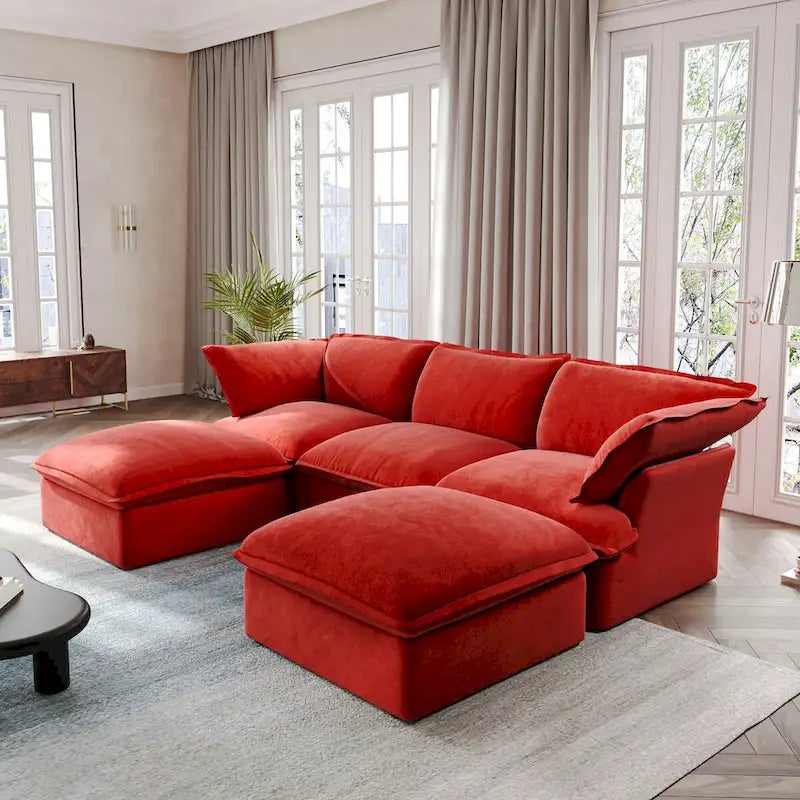 Canapé Sectionnel en Forme de U pour Salon, Canapé Sectionnel Convertible en Velours avec Poufs