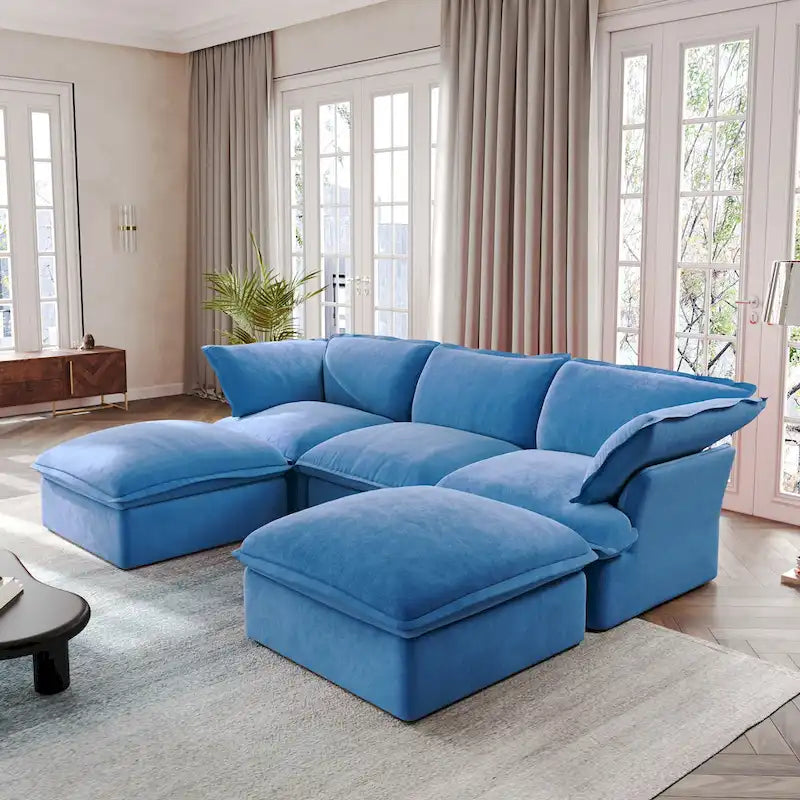 Canapé Sectionnel en Forme de U pour Salon, Canapé Sectionnel Convertible en Velours avec Poufs