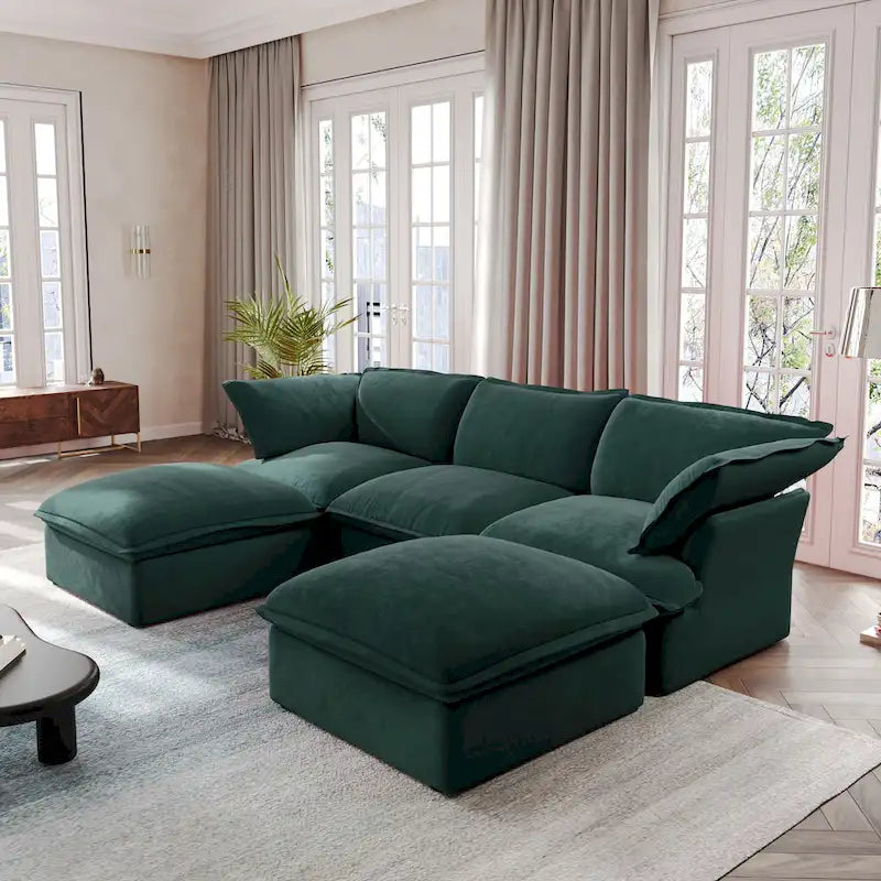 Canapé Sectionnel en Forme de U pour Salon, Canapé Sectionnel Convertible en Velours avec Poufs