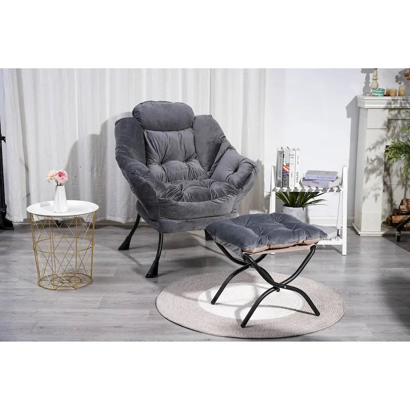 Fauteuil Lounge Contemporain d'Appoint, Fauteuil à Cadre Acier Unique avec Accoudoirs et Poche Latérale, avec pouf, avec repose-pieds