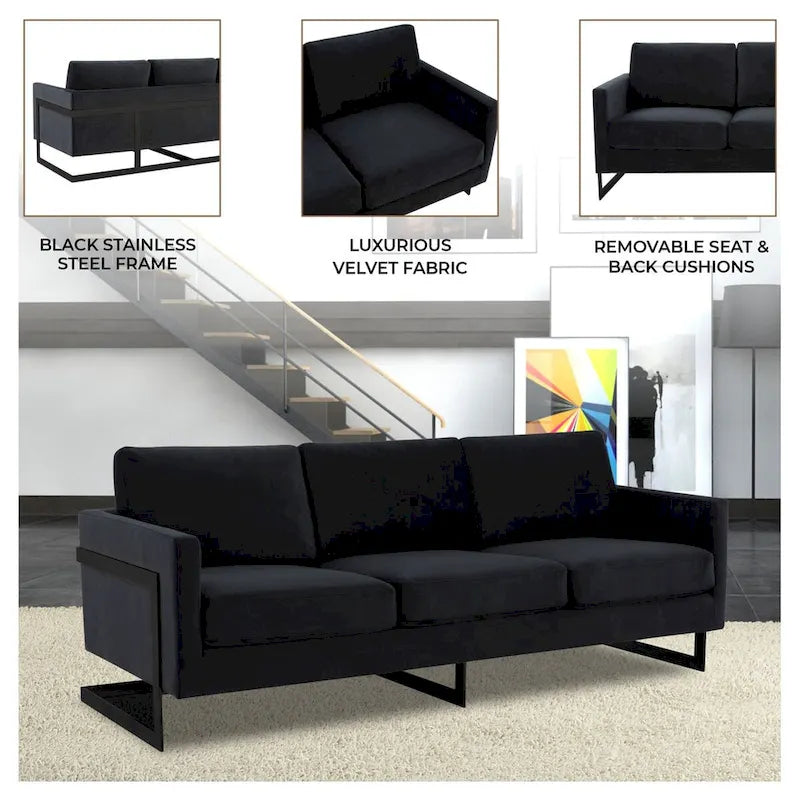 Canapé 3 places en velours Leisuremod Lincoln avec base en acier inoxydable noir