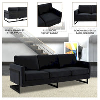 Canapé 3 places en velours Leisuremod Lincoln avec base en acier inoxydable noir