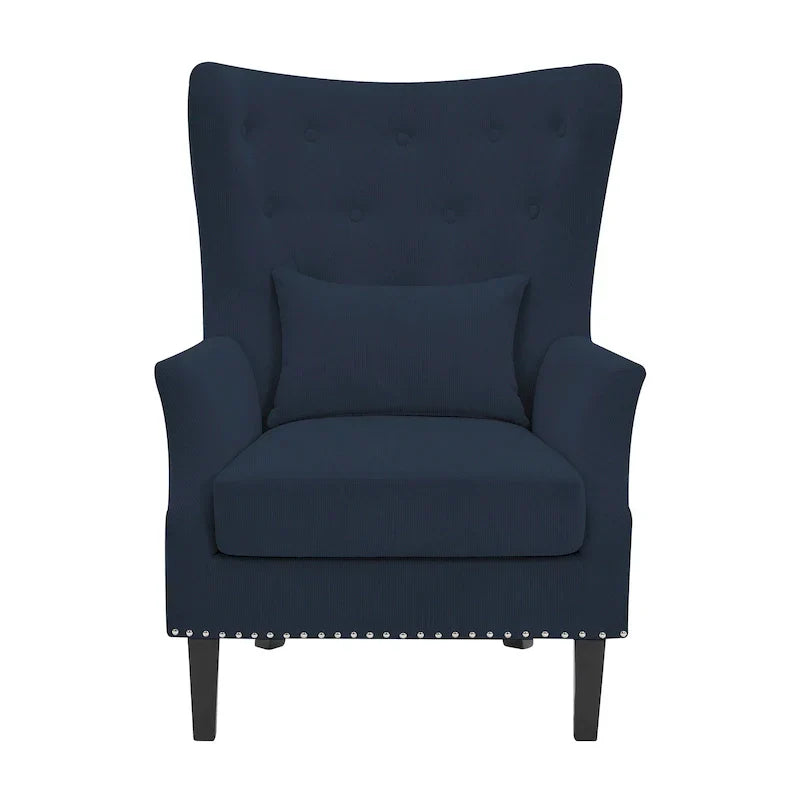 Fauteuil à oreilles classique en velours côtelé avec clous décoratifs, oreiller lombaire et pieds en hévéa