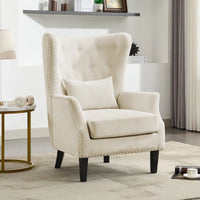 Fauteuil à oreilles classique en velours côtelé avec clous décoratifs, oreiller lombaire et pieds en hévéa
