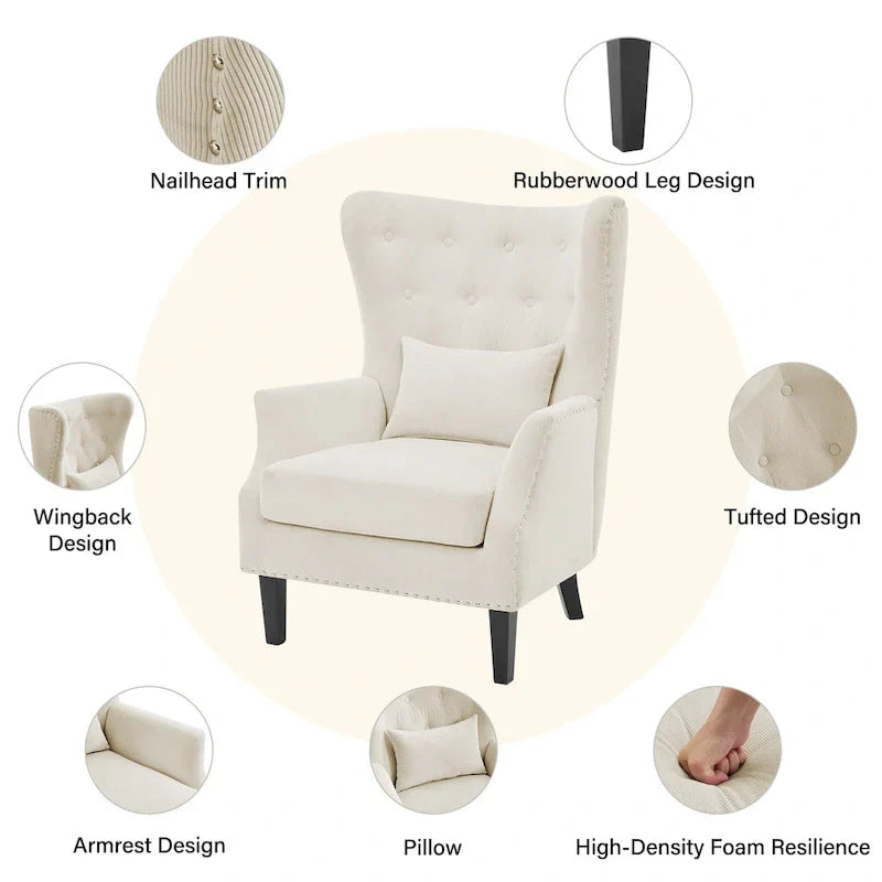 Fauteuil à oreilles classique en velours côtelé avec clous décoratifs, oreiller lombaire et pieds en hévéa