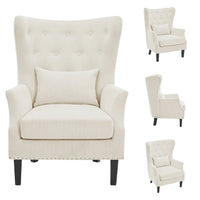 Fauteuil à oreilles classique en velours côtelé avec clous décoratifs, oreiller lombaire et pieds en hévéa