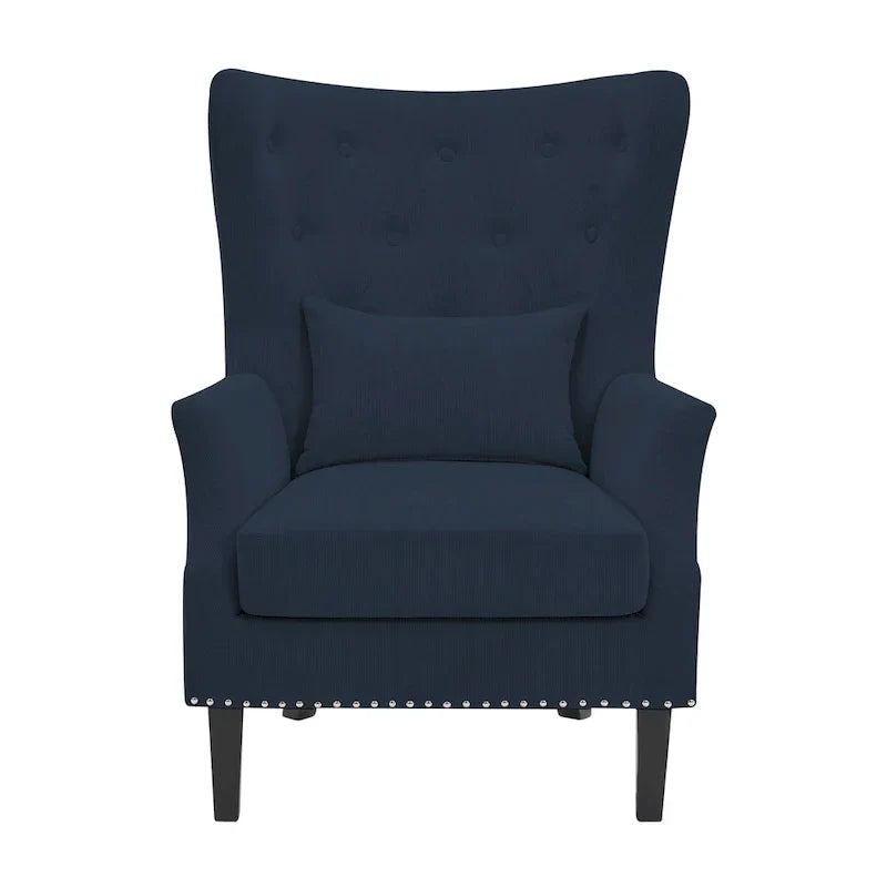 Fauteuil à oreilles classique en velours côtelé avec clous décoratifs, oreiller lombaire et pieds en hévéa