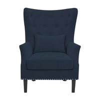 Fauteuil à oreilles classique en velours côtelé avec clous décoratifs, oreiller lombaire et pieds en hévéa