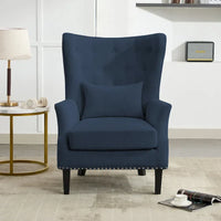 Fauteuil à oreilles classique en velours côtelé avec clous décoratifs, oreiller lombaire et pieds en hévéa