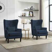 Fauteuil à oreilles classique en velours côtelé avec clous décoratifs, oreiller lombaire et pieds en hévéa