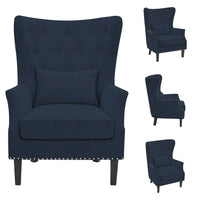Fauteuil à oreilles classique en velours côtelé avec clous décoratifs, oreiller lombaire et pieds en hévéa