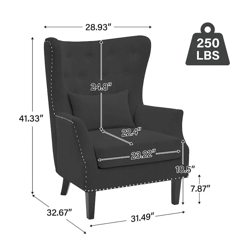 Fauteuil à oreilles classique en velours côtelé avec clous décoratifs, oreiller lombaire et pieds en hévéa
